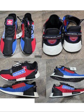 NEW! Men's Adidas NMD_R1 V2 Black/Blue/Red 'Logo Patch Size 11